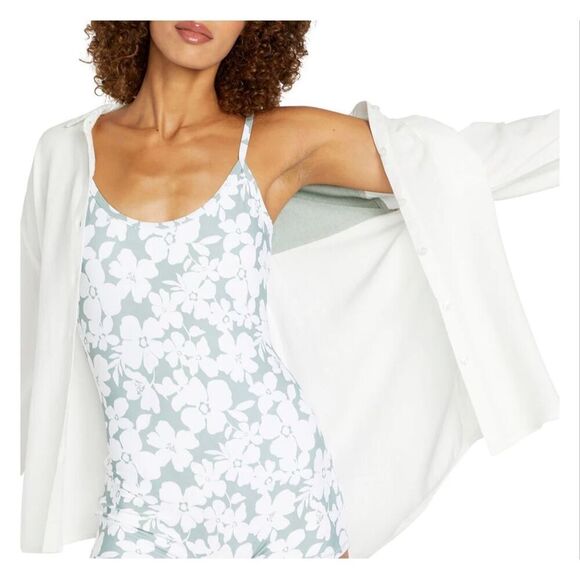 Volcom Coco Ho Yoked Green and White Linen Blend Button Down Top Size Small - Picture 3 of 9